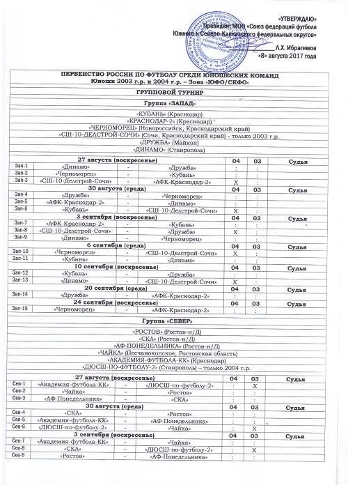 Календарь Первенства России среди юношеских команд. Юноши 2003/2004 г.р.  Зона «ЮФО/СКФО» 