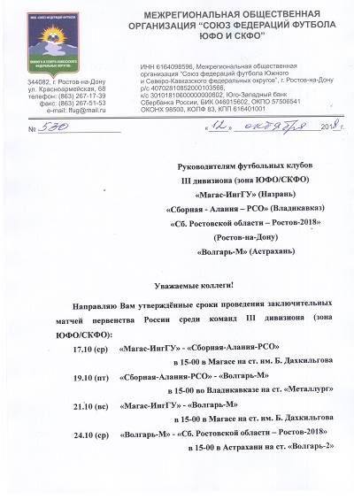 Первенства России.  III Дивизиона. Зона ЮФО/СКФО. Расписание заключительных матчей сезона.
