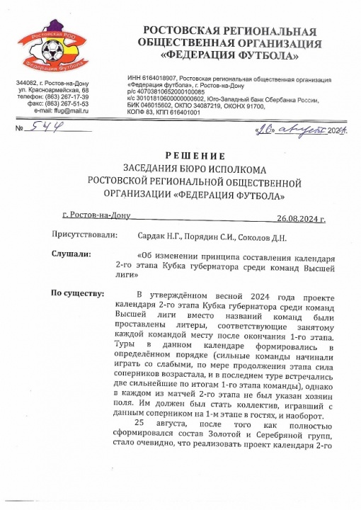 Решение Бюро Исполкома РРООФФ от 26.08.2024