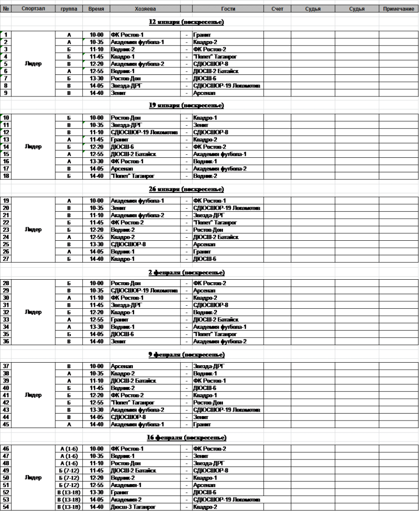 РРООФФ — Календарь игр открытого Зимнего Первенства г.Ростова-на Дону по  мини-футболу среди детско-юношеских команд 2004 года рождения