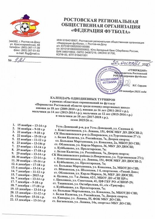 Календарь однодневных турниров Первенства Ростовской области